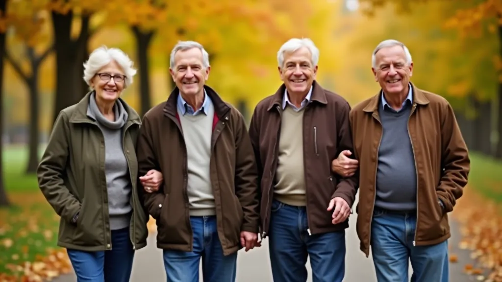 Vairāki seniori smaidot staigā pa parka ceļu ar zaļiem kokiem un debesu fonu