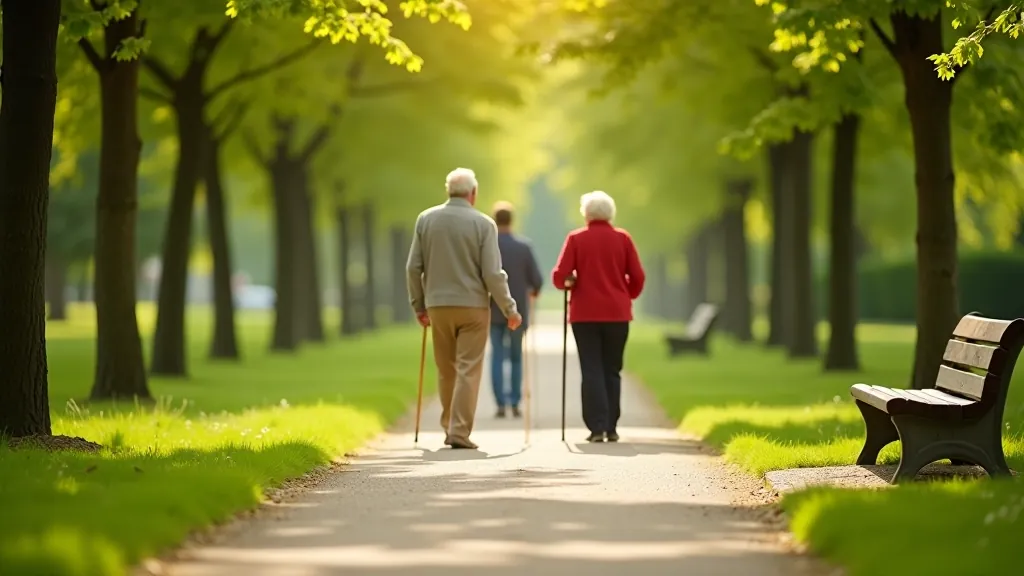 Lēna tempā pastaiga parka vidū ar senioru grupu relaksējošā vidē